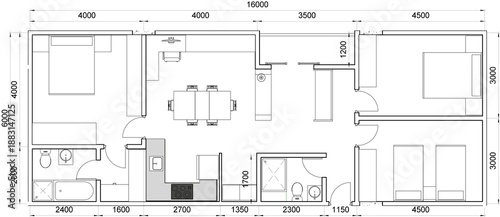 2D technical, top-down floor plan for a three-bedroom unit, complete with precise metric dimensions for all rooms and overall length-width. related to precise architectural blueprint dimensioning
