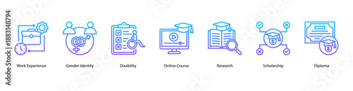 Inclusive Academic Research web banner icon vector illustration featuring Work Experience, Gender Identity, Disability, Online Course, Research, Scholarship, and Diploma.