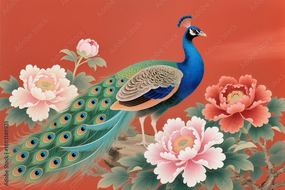 Obraz premium High-end traditional Chinese painting of a peacock among lush peony blossoms, elegant feather patterns in blue and green tones. Minimal red backdrop