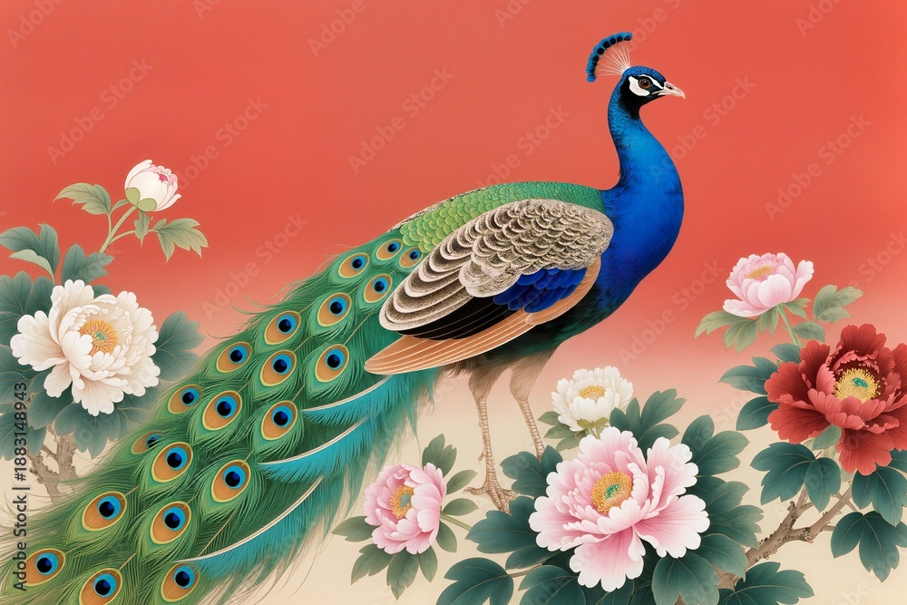 Obraz premium High-end traditional Chinese painting of a peacock among lush peony blossoms, elegant feather patterns in blue and green tones. Minimal red backdrop