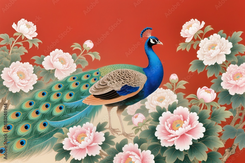 Obraz premium High-end traditional Chinese painting of a peacock among lush peony blossoms, elegant feather patterns in blue and green tones. Minimal red backdrop