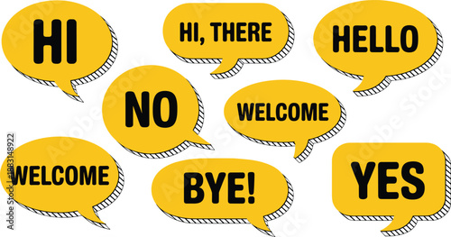 Set of yellow comic speech bubbles with greetings and responses like hello, hi, welcome, yes, no and bye, isolated pop art vector icons