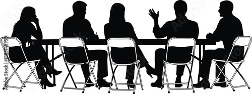 Business meeting silhouette, group of people sitting at a table discussing, conference or teamwork, vector illustration