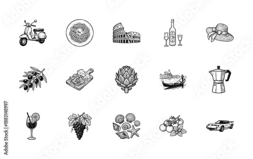 Vintage Engraved Italian Cultural Symbols Illustration Asset Sheet for Luxury Travel and Culinary Marketing