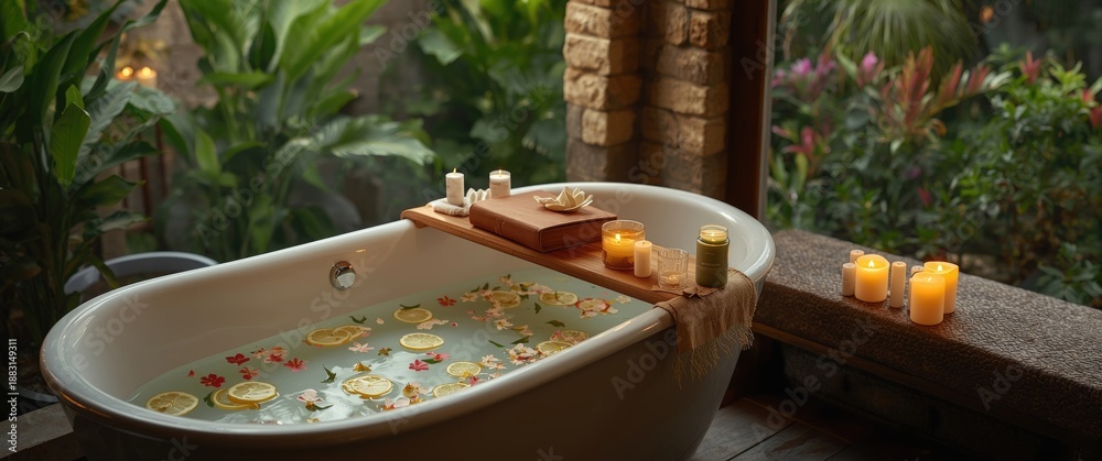Fototapeta premium Spa scene in a luxury Bali outdoor bathroom with a Bath tub filled with flower petals and lemon slices, plus a tray holding a book, candles, and beauty products for organic relaxation