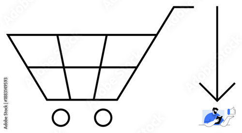 E-commerce, digital purchases, shopping trends, online retail, consumer behavior, delivery services. Shopping cart symbol with arrow and small figure on a device. E-commerce and digital purchases
