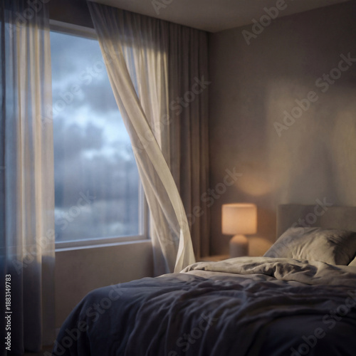 Interior of a cozy bedroom with white curtains blowing in the wind at dusk