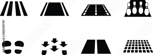 Road marking icons set, lane lines and asphalt symbols, traffic surface patterns, black and white vector illustration design