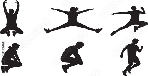 Silhouette of six people jumping and running in various poses on white background