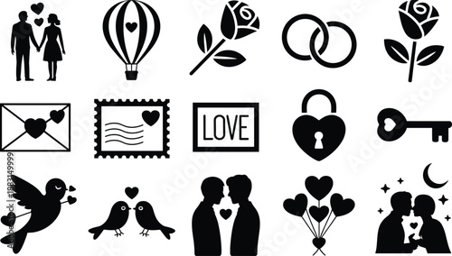 Valentine’s Day love icons set with couples, hearts, roses, rings, birds, letters, balloons, and romantic symbols for wedding and anniversary designs