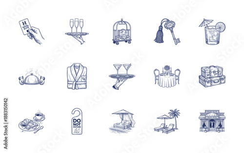 Vintage Blue Ink Engraving Luxury Hotel Element Kit for Boutique Hospitality Branding