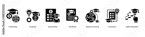 Academic Recognition web banner icon vector illustration featuring Scholarship, Creativity, Sponsorship, Certificate, Distance Learning, Innovative, and Higher Education.