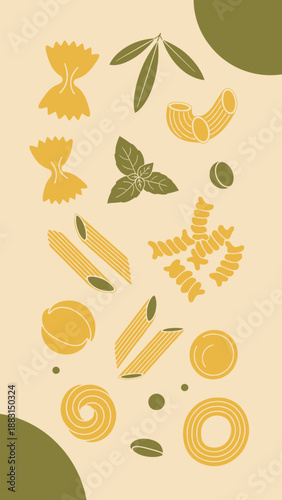 Pasta Composition: Artistic Arrangement of Diverse Pasta Shapes and Culinary Herbs