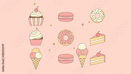 Pastel Sweet Treats Seamless Pattern With Cupcakes Macarons And Other Desserts