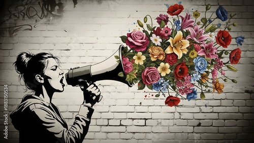 A black and white stencil of a woman shouting into a large megaphone that releases a vibrant and colorful bouquet of various blooming flowers against a white brick wall