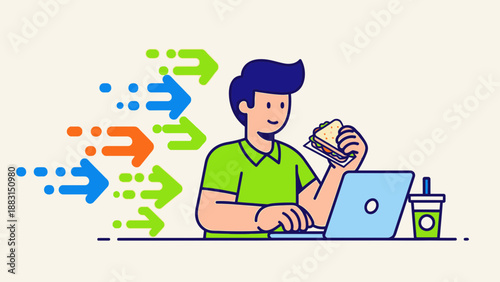 Online Productivity: A Person Working and Eating with Data Flow Arrows Present