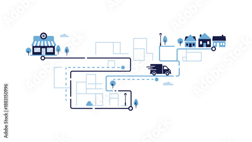 Online Order Delivery: Illustration Depicting Modern Commerce, Store To Homes