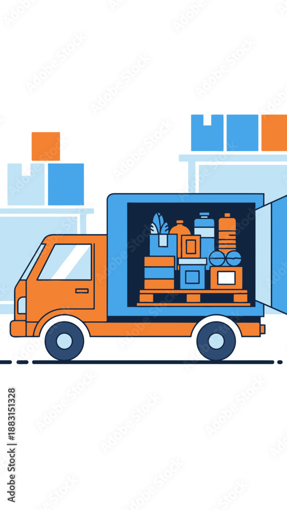 Naklejka premium Orange Delivery Truck Loaded With Goods Ready For Shipment And Transportation Process