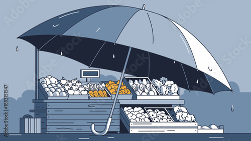 Protecting Produce: A Rainy Day Market Scene Under an Oversized Umbrella