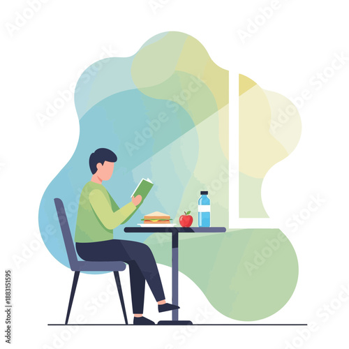 Quiet Reading Moment: A Person Enjoying a Book with Refreshments and Natural Light