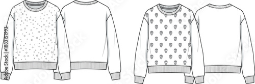 Sweatshirt technical fashion flat sketch vector, long sleeves, cropped fit, all-over skull and circle print options, apparel template