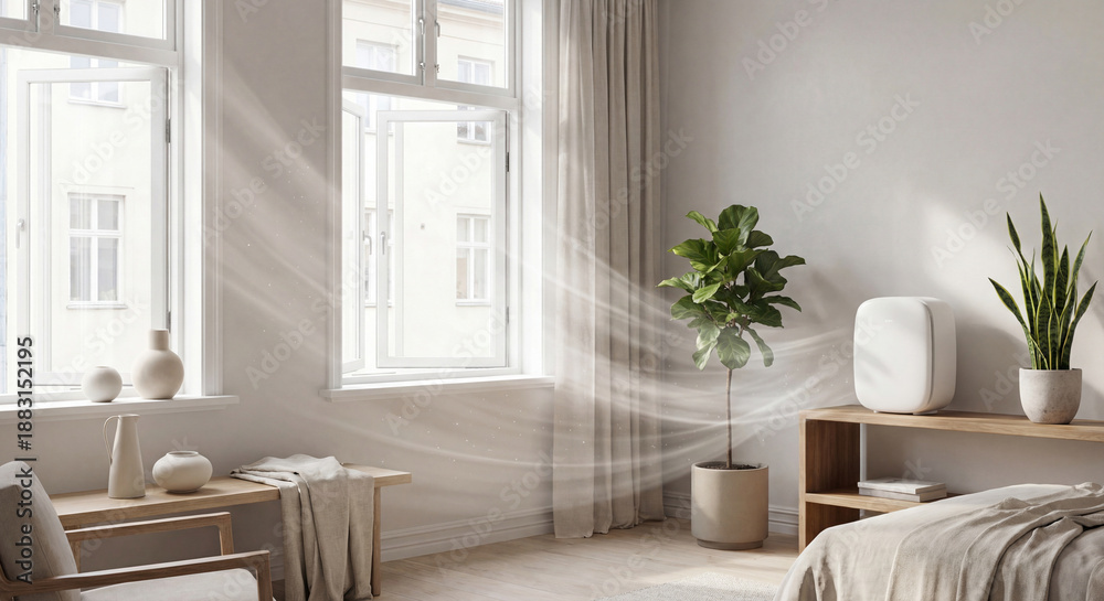 Fototapeta premium Modern bedroom interior with air purifier and fresh air flow from open window