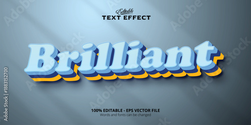 Blue and yellow 3d text effect with shadow spelling brilliant in editable vector style with modern neon lighting and layered retro typography design