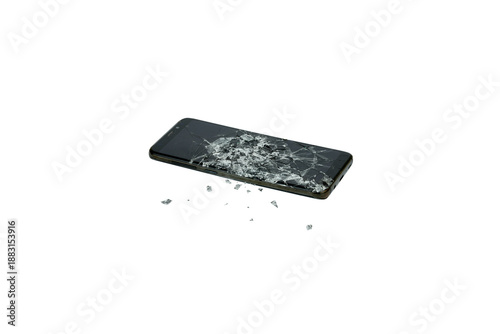 Smartphone fallen to the ground with broken screen and pieces of glass on the side isolated on transparent background. PNG