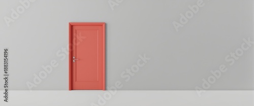 Cartoon minimalism featuring a coral door set against a gray light background in rendering