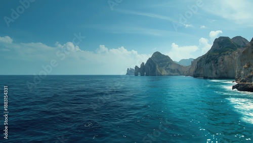 Clifftop perspective overlooking the south coast of Capri with Faraglioni rocks, natural scenery, Earth Day