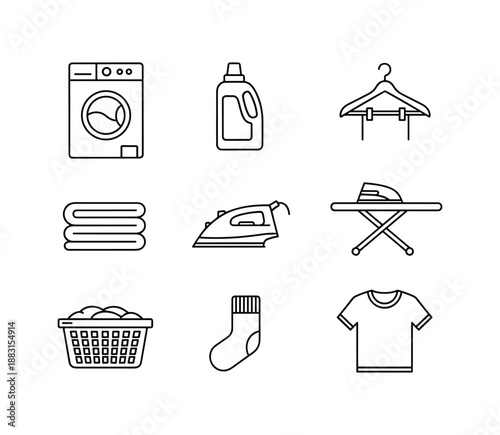 Laundry clothes washing vector line icons set housework appliance textile care detergent soap