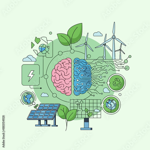 Green vector illustration of a leafy tree in a nature garden environment featuring an eco design symbol for earth and ecology art