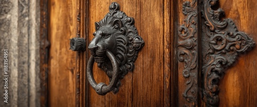 Old-fashioned door knocker with iron features on elegant wooden door in Ronda, Malaga