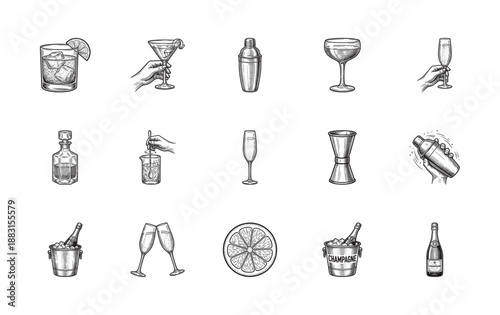 Vintage Engraving Barware and Cocktail Preparation Graphic Element Kit for Hospitality Menu Design