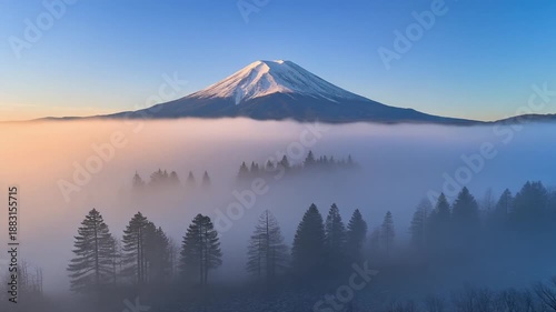 Wallpaper Mural Majestic snow-capped Mount Fuji rising above a sea of fog and pine trees at sunrise Keywords: Mount Fuji, Japan, volcano, mountain, snow-capped, peak, sunrise, dawn, fog, mist, sea of clouds, pine Torontodigital.ca