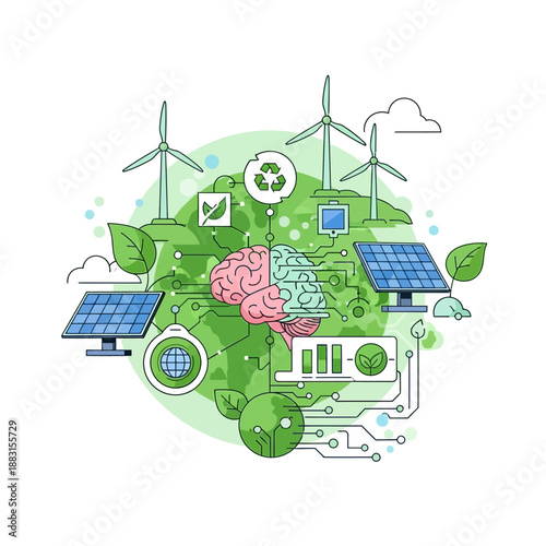 Sustainable eco energy concept featuring a green house and tree icon set with business shopping basket symbols for an environment friendly market design illustration