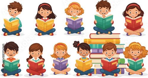 Cartoon children sitting cross-legged reading colorful books in two rows, literacy and education theme illustration, transparent background graphic