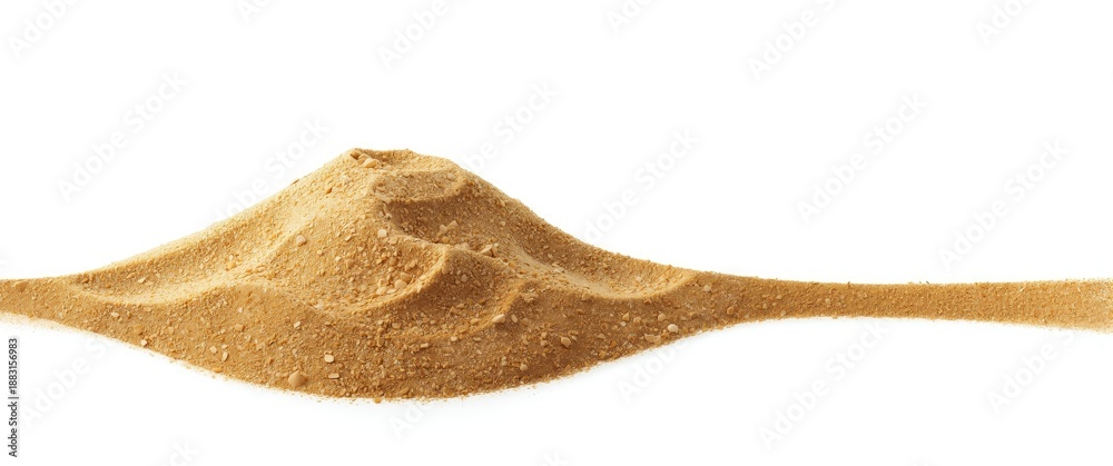 Fototapeta premium Sand dunes and a pile of dry desert sand on white background, front perspective