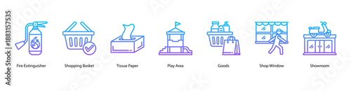 Store Goods web banner vector illustration featuring Fire Extinguisher, Shopping Basket, Tissue Paper, Play Area, Goods, Shop Window, and Showroom.