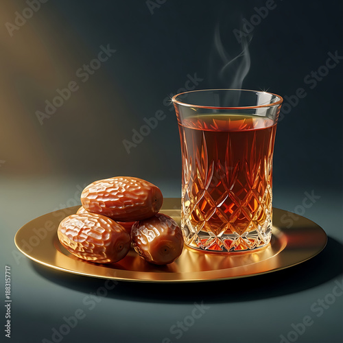 A glass of hot tea with steam and several dates on a golden plate.