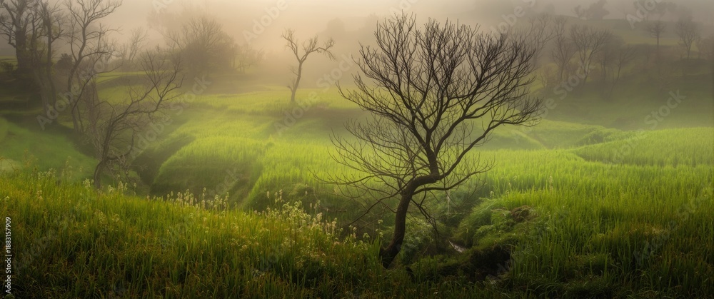 Obraz premium Fog-covered rice field terraces