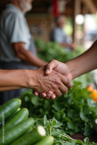 Farmers shaking hands over fresh produce at market.
