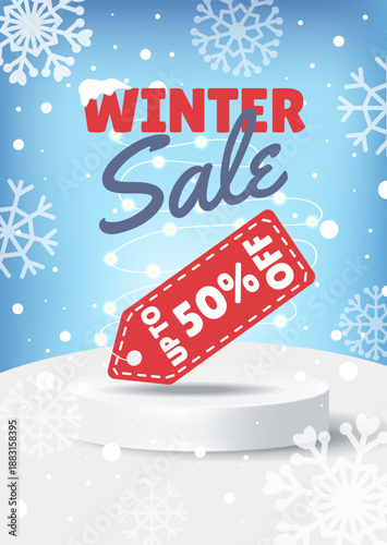 Winter sale promotional banner with 50% off discount tag. Seasonal concept with snowflakes, festive lights and podium. Cold blue background, modern flat vector illustration for holiday marketing