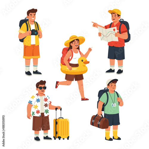 Set of Diverse Travelers and Tourists Vector Illustration. People with Suitcases, Backpacks, Map, and Duck Floatie Ready for Summer Vacation. Tourism and Adventure Concept on White Background.