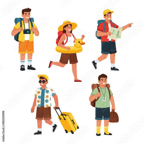 Set of Diverse Travelers and Tourists Vector Illustration. People with Suitcases, Backpacks, Map, and Duck Floatie Ready for Summer Vacation. Tourism and Adventure Concept on White Background.