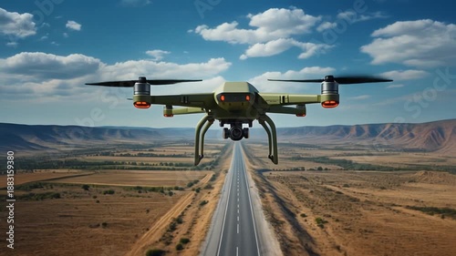 Wallpaper Mural Military Drone Flying Over Straight Highway Through Arid Landscape Under Cloudy Blue Sky Keywords: drone, military, UAV, unmanned aerial vehicle, flying, hovering, technology, surveillance Torontodigital.ca