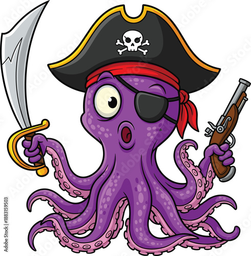 Cartoon purple octopus dressed as pirate with sword, pistol, hat, and eye patch, playful marine character illustration, transparent background graphic