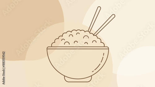 Simple Illustration Of Rice Bowl With Chopsticks On A Decorative Beige Background