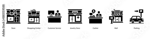 Mall Services web banner vector illustration featuring Store, Shopping Center, Customer Service, Jewelry Store, Cashier, Mall, and Parking.