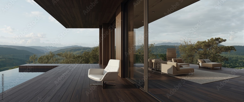 Fototapeta premium 3D render of a minimal wooden terrace with nature view, dark wooden flooring, and white leather armchair